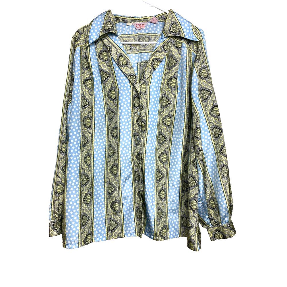 VTG‎ CEO Shirt Womens 38 Light Blue Button Up Polkadots Paisley Hippie Boho 70s
